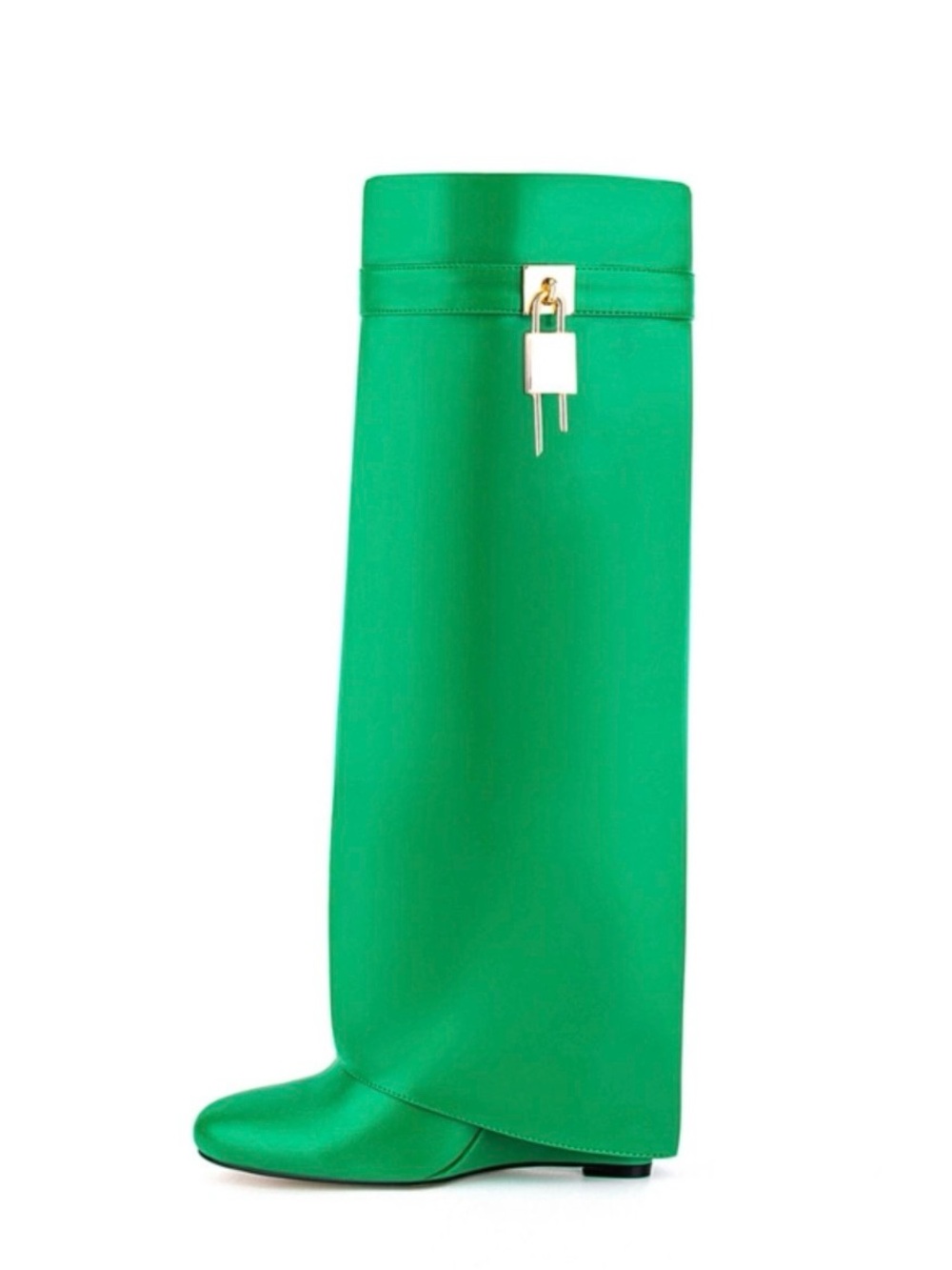 Green Tall Leather Boot with Gold Padlock Accent